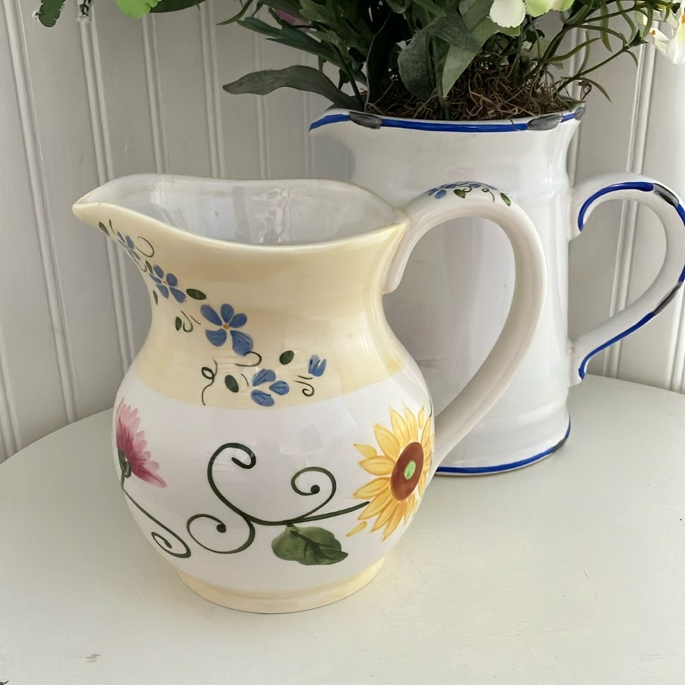 Vintage FTD Decorative Soft Yellow Ceramic Pitcher with Floral Designs